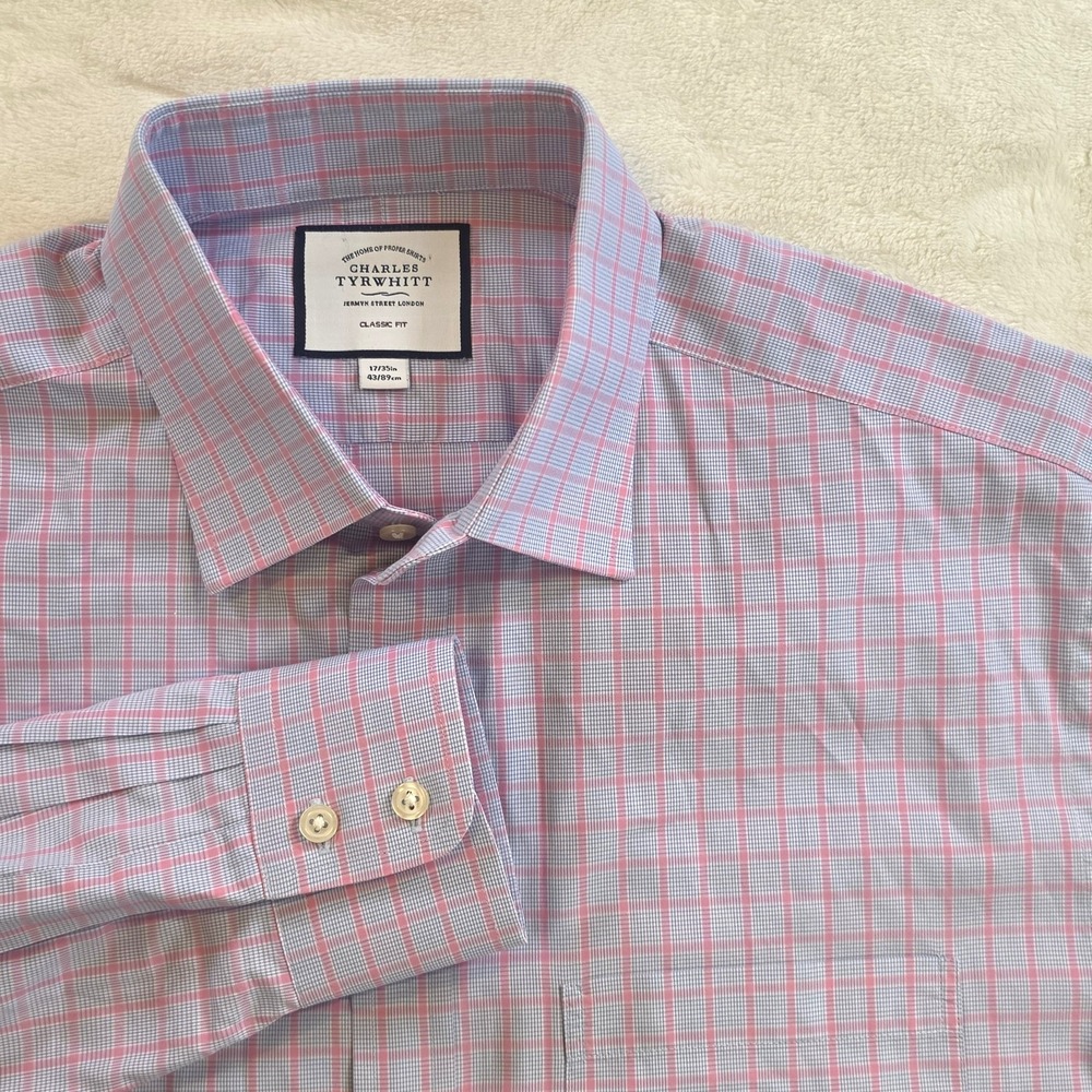 CHARLES TYRWHITT Mens 17 - 35 "Classic" Blue Pink Check Long Sleeve Button Shirt